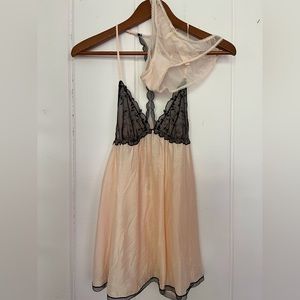 Victoria's Secret Blush Black lace Viscose Silk Babydoll Panty set Lingerie NWT